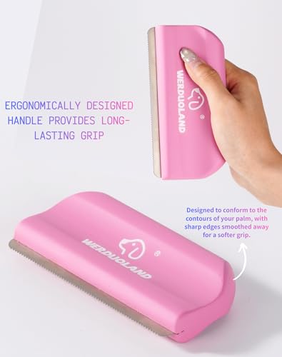 Deshedding Brush for Dogs and Cats, Wooden Ergonomic Handle | For short, long, double-coated dogs and cats. Gently removes loose undercoat without scratching. Wooden ergonomic grip. - color: pink