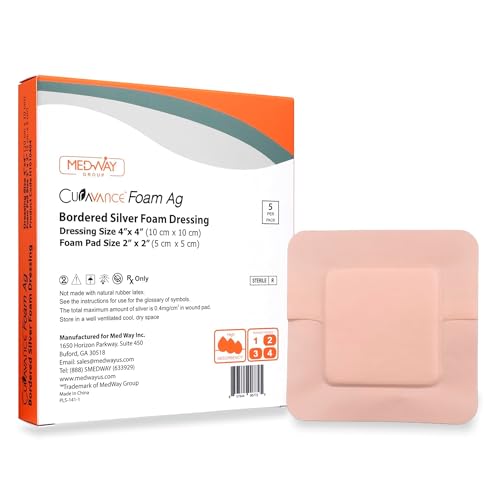MedVance Silver Foam Sterile Highly Absorbent Dressing, 4"x4", Box of 5 | Sterile And Individually Wrapped - Absorbent Antibacterial Dressing - Prevents Infection Of Wounds - Promotes Healing - size: 4"x4" Silver