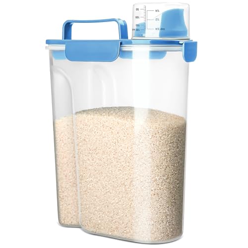 Viretec Rice Storage Container, 5 to 10lb Dry Food Airtight Dispenser, Pet Dog Cat Food Canister, BPA Free Clear Plastic Kitchen and Pantry Organization Bin for Oatmeal, Grain, Cereal, Pasta, Flour - color: 6L/Blue