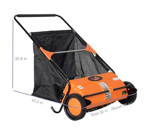 26-Inch Push Lawn Sweeper, 7 Cu.Ft. Hopper Capacity, 2 Spiral Spinning Brushes, Adjustable Height, Dustproof Walk-Behind Yard Sweeper for Leaves, Grass Clippings & Debris