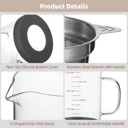 Greek Yogurt Strainer, 50 oz Nut Milk Strainer, Juice Food Strainer, Glass Teapot with Mesh Strainer, Iced Tea Pitcher, 1500 ml Heat & Cold Resistant High Borosilicate Glass Jug with Handle and Lid