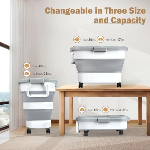 Komzon Rice Storage Container, Collapsible Airtight 10-40 Lb Rice Storage Container, 25lb Pet Dog Food Storage Container, Rice Dispenser Bin with Cup and Scoop for Flour Cereal Pasta Grain, Cat Bird - size: 10-40 Lbs