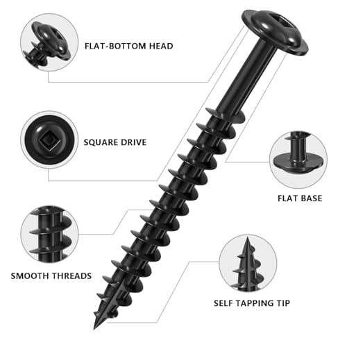 Wensilon (Black) Pocket Hole Screws # 8 * 3" 60pcs 1lbs Square Hole Wood Screws and Round Head Square Hole self Tapping Screws are Suitable for Wooden use.150MM,60MM Drive bit Included. - color: Black, size: 8*3"