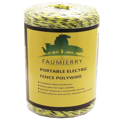 656 Feet 200 Meter Yellow/Black Electric Fence Polywire, 6 Stainless Steel Conductors, Easy to Install Electric Fencing - 1 Roll - size: 655ft