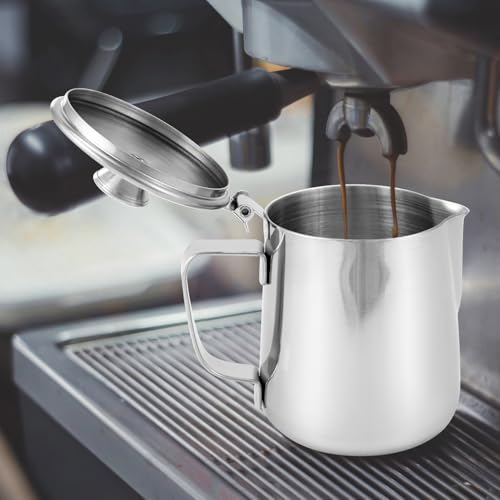 QWORK Stainless Steel Coffee Mug Milk Frothing Pitcher with Lid, 350ML, Dripless Spout, Ergonomic Handle, For Latte Coffee Art, Office and Kitchen, 2 Pcs