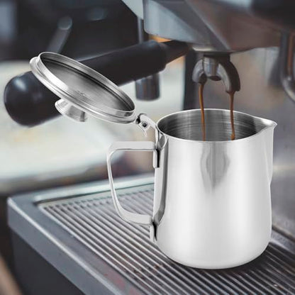 QWORK Stainless Steel Coffee Mug Milk Frothing Pitcher with Lid, 350ML, Dripless Spout, Ergonomic Handle, For Latte Coffee Art, Office and Kitchen, 2 Pcs