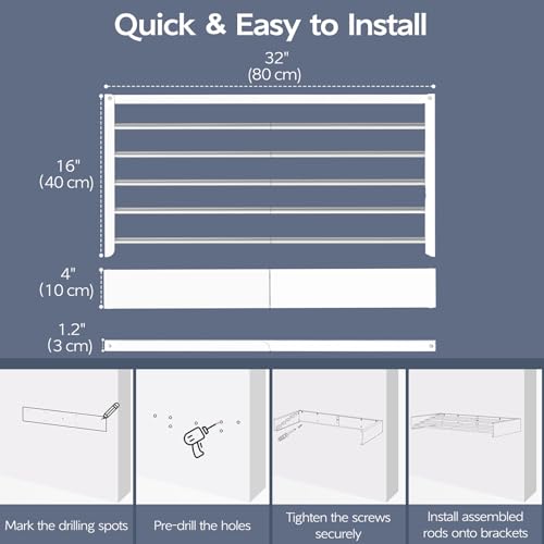 Vikaqi Wall Mounted Foldable Clothes Drying Rack, 32-Inch Wide, 5 Stainless Steel Rods, Space-Saving Laundry Drying Rack with Wall Template, White