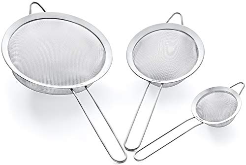 Strainer Set Fine Mesh – Premium 304 Stainless Steel (18/8) – 8″, 5.5″ and 3.3″ Sturdy Kitchen Strainers (Silver) - color: Silver