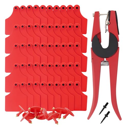 100 PCS Blank Cattle Ear Tags with Pliers TPU Flexible Livestock Identification Tags for Cow Sheep Goat Pig, Farm Animal Management Supply Kit (Red, Oversize-4 * 3") - color: Red, size: Oversize-4*3"