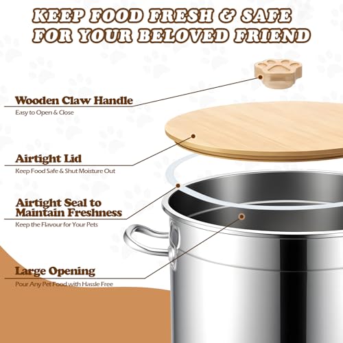 Maxdot 45 Lbs Stainless Steel Food Storage Container for Dog with Airtight Bamboo Lid Spoon & Wooden Claw Handle, Large Metal Pet Food Bin to Keep Fresh Easy Clean & Use for Dog Multiple Pet - size: 45 Lbs