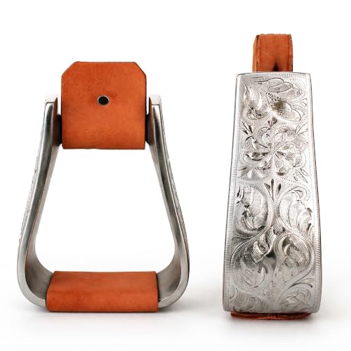 CHALLENGER Western Horse Saddle Stirrups 3" Tread Engraved Aluminum Deep Roper 5-1/2" Wide 5156