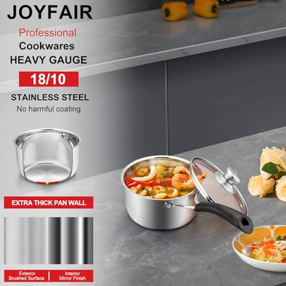 1QT Saucepan with Lid, Joyfair 18/10 Stainless Steel Small Sauce Pan Pot | Kitchen Cookware Milk Pot with Glass Lid for Cooking Stewing Boiling Spaghetti Soup, Heat-proof Handle, Dishwasher Safe - size: 1 Quarts