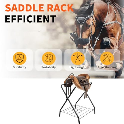 Folding Saddle Rack Heavy Duty Freestanding Horse Saddle Stand Detachable Saddle Rack Stand with Bottom Storage for English & Western Saddles