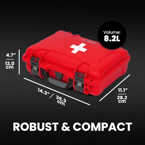 NANUK 910 Waterproof First Aid Kit 146pcs – Durable, Pre-Stocked First Aid Emergency Kit with Bandages, Tick Removal Tool, and More – Dustproof, Impact-Resistant, Floats (14.3" x 11.1" x 4.7") – Red