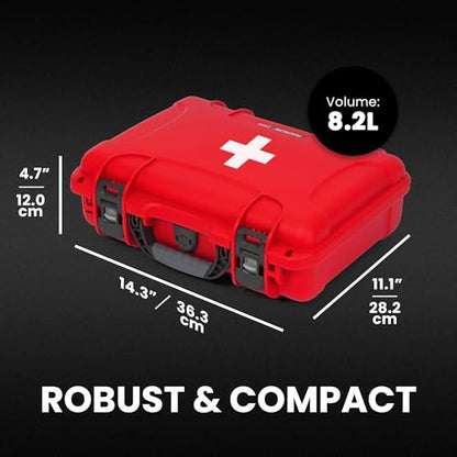 NANUK 910 Waterproof First Aid Kit 146pcs – Durable, Pre-Stocked First Aid Emergency Kit with Bandages, Tick Removal Tool, and More – Dustproof, Impact-Resistant, Floats (14.3" x 11.1" x 4.7") – Red