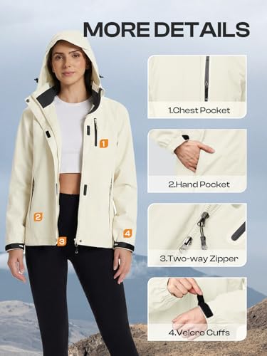 Womens Waterproof Rain jacket Lightweight Raincoat with Removable Hood - color: Cream, size: Small
