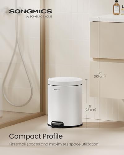 SONGMICS Bathroom Trash Can, Soft-Close, 1.6 Gallon (6 L), Stainless Steel - color: Cloud White