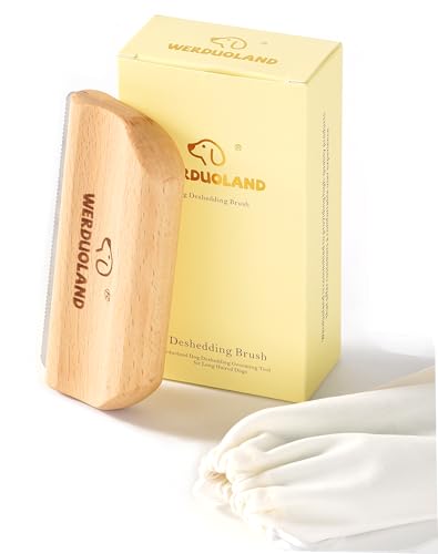 Deshedding Brush for Dogs and Cats, Wooden Ergonomic Handle | For short, long, double-coated dogs and cats. Gently removes loose undercoat without scratching. Wooden ergonomic grip. - color: natural