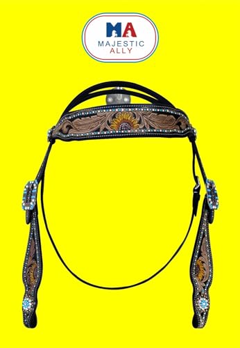 Majestic Ally Hand-Tooled Designer Padded Leather Horse Browband Headstall Breastcollar Set, Browband Headstall, Breastcollar (Headstall)