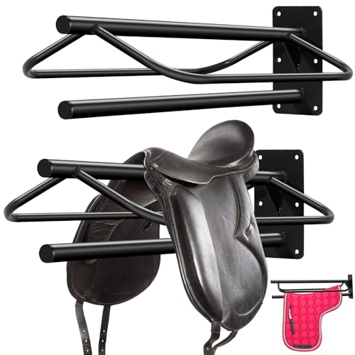 Paterr 2 Pcs Saddle Rack Wall Mount Heavy Duty Saddle Stand Pad Rack Horse Tack Storage for English Western Horses Blanket Stall Supplies Accessories(Black,One Bar)