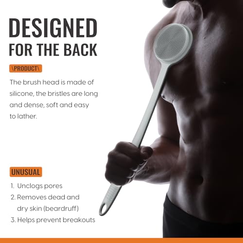 Silicone Back Scrubber for Shower, 17in Lengthen Long Handle Body Brush, Double Sided Shower Brush for Shower Exfoliating and Massage Can Produce Rich Foam, Long Handle Back Scrubber for Men - color: Gray