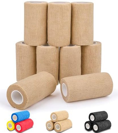AZEN 9 Pack Self Adhesive Bandage Wrap, 4" X 5 Yards Elastic Cohesive Bandage Wrap, Skin Color Athletic Tape, Ankle Tape, Tattoo Grip Tape Wrap, Vet Wrap - color: Beige, size: 4IN - 9Pack