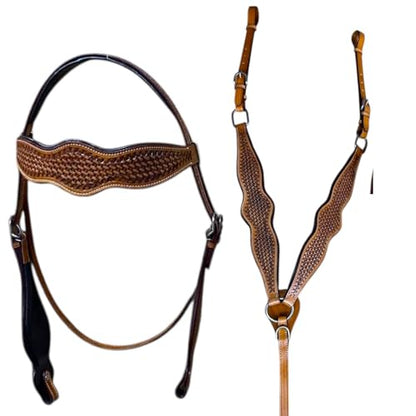 Majestic Ally Tooled Leather Western Headstall & Breast Collar Set – Handcrafted Leather, Classic Western Tack, Multiple Styles & Designs - style: 1007-NAT