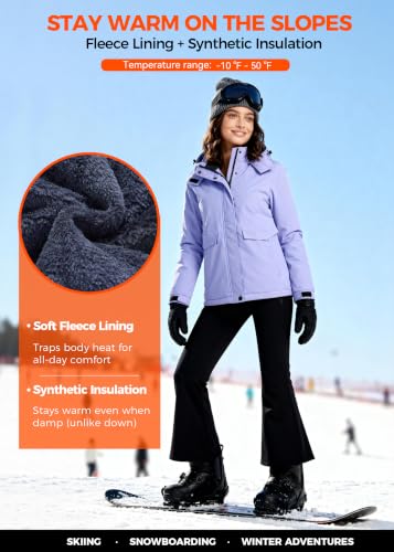 wantdo Women's Waterproof Ski Jacket Warm Fleece Lined Snow Winter Coat | 10000mm Waterproof Snowboard Jacket for Skiing, Hiking, Commute, Removable Hood, 6 Pocket, Windproof Warm -10°F to 50°F - color: Light Purple, size: X-Large