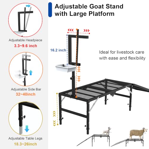 Foldable Goat Stand with Removable Ramp, 51x23" Livestock Trimming Stand with Feed Tray, Metal Goat Sheep Stand 500lbs Capacity for Trimming Shearing Milking Hoof with Adjustable Headpiece & Height