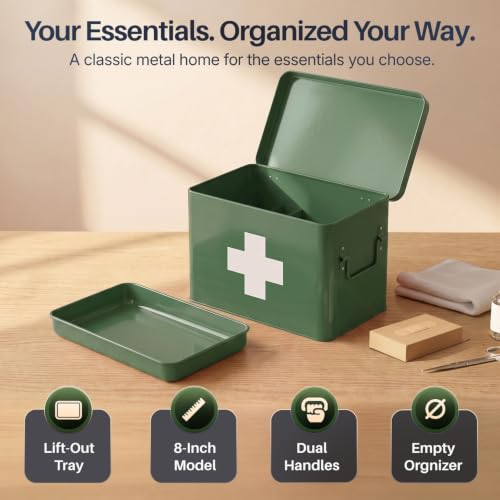 Flexzion Large Metal First Aid Box Empty, 8.5-Inch, Green with White Cross - color: Green, size: 8.5 Inch without Latch Lock