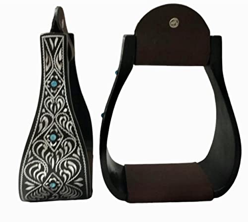 Majestic Ally Western Horse Aluminum Black Engraved Stirrups- Adults - style: Silver Black with Crystal