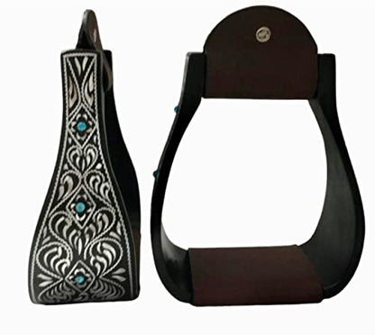Majestic Ally Western Horse Aluminum Black Engraved Stirrups- Adults - style: Silver Black with Crystal