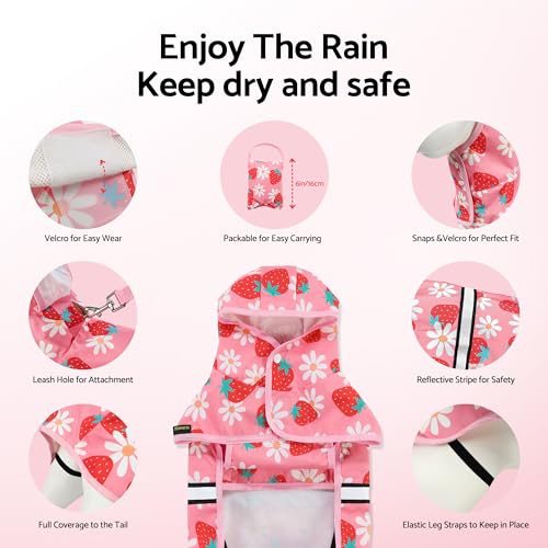 Fitwarm Strawberry Daisy Dog Raincoat with Hood, Waterproof Rain Jacket for Small Dogs Girl, Reflective Pet Poncho with Harness Opening, Packable, Adjustable, Pink, Large - color: Strawberry, size: Large