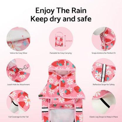 Fitwarm Strawberry Daisy Dog Raincoat with Hood, Waterproof Rain Jacket for Small Dogs Girl, Reflective Pet Poncho with Harness Opening, Packable, Adjustable, Pink, XXL - color: Strawberry, size: XX-Large