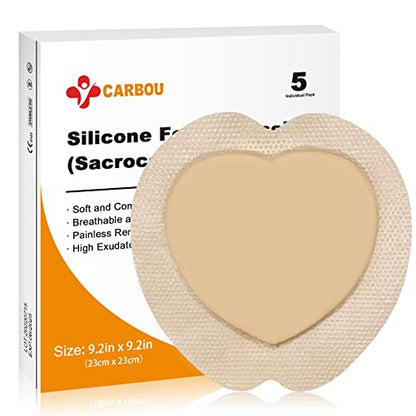 Carbou Silicone Sacrum Foam Dressing, 9"x9"(23cmx23cm), Box of 5 | Bordered Adhesive Sacral Foam Dressing, Soft Bed Sore Bandages, Wound Care Products, Dressings - size: 9x9 Inch (Pack of 5)