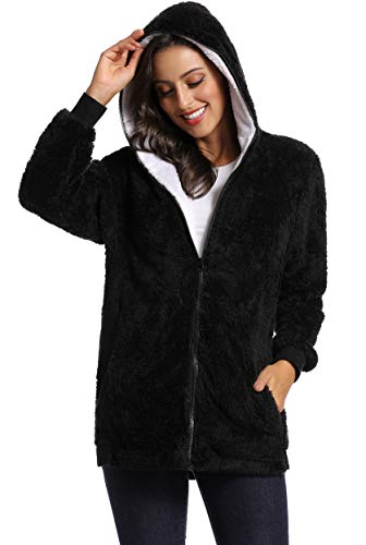 Fleece Coat for Women,Women's Oversized Zip Up Hooded Jacket Winter Plus Size Sherpa Coat - color: Ablack, size: Medium