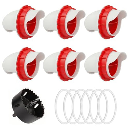 DIY Chicken Feeder Ports, 6 Ports Chicken Feeder No Waste, DIY Automatic Poultry Feeder Cups Kit, Rain Proof Gravity Feeder Port with Hole Saw for Buckets Barrels Bins Troughs