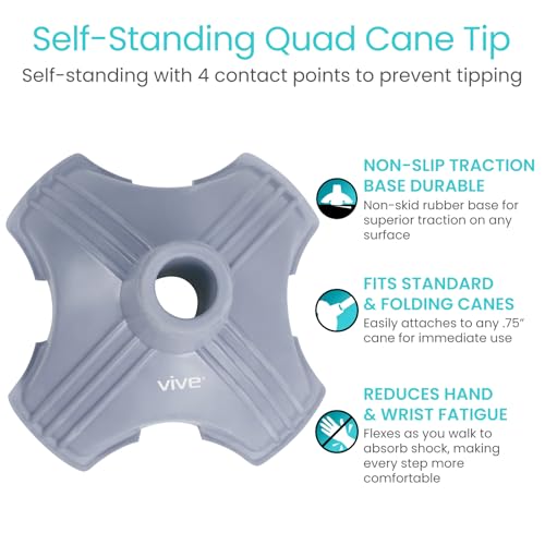 Vive Cane Tip - Self Standing Quad Base Replacement for Most Walking Canes - color: Gray