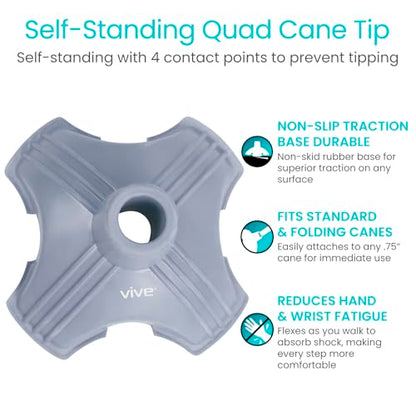 Vive Cane Tip - Self Standing Quad Base Replacement for Most Walking Canes - color: Gray