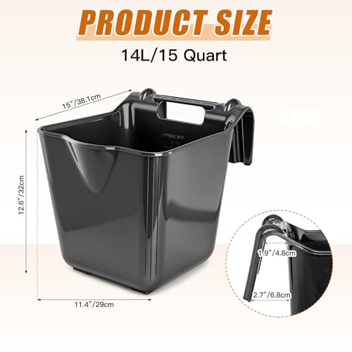 15 Qt Hook-Over Plastic Livestock Horse Feed Bucket, 6-Pack, Black | Heavy duty 15 quart hanging Fence Hay Feeder, mountable feed bucket for horse, sheep, cattle, ideal for stalls & pasture use
