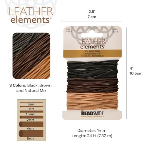 The Beadsmith Leather Cord – Black, Brown & Natural Mix – 1mm Diameter – 24 Feet Per Card – Indian Leather Thong for Braiding, Beading, Necklaces, Fine Lacing, Hair Accessories & DIY Jewelry Making - size: 1mm, style: Black, Brown & Natural – 24 Feet Per