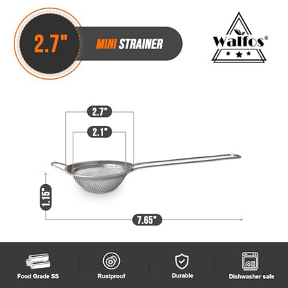 Walfos Small Fine Mesh Tea Strainer, Mini Stainless Steel Sieve with Handle, 2.7 Inch Kitchen Metal Sifter Strainers for Tea, Juicing, Coffee, Cocktail, Powdered Sugar, Matcha (2 Pack) - size: 2.7" (2pcs)