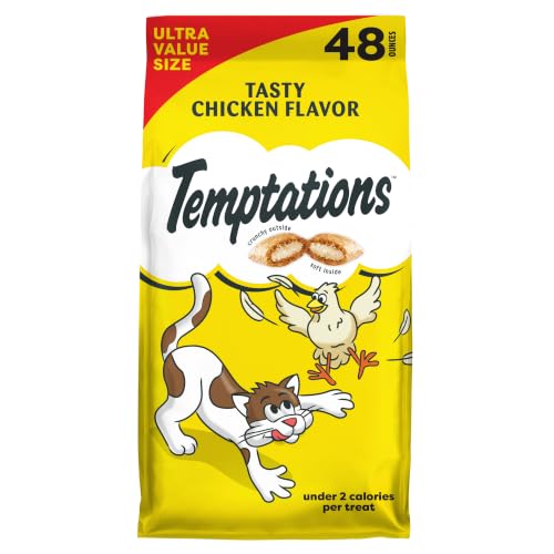 Temptations Classic Crunchy and Soft Cat Treats, Tasty Chicken, 48 oz | 100% complete & balanced for adult cats, under 2 calories per treat, use as meal or food topper, stay-fresh tub - size: 3 Pound (Pack of 1)