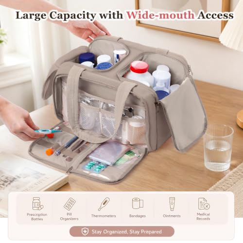Travel Medicine Storage Bag with 2 Compartments, Wide-Mouth Medical Organizer, Puffy Lightweight First Aid Bag for Prescription Bottles, Pill Cases, Medical Supplies & Family Emergency Essentials - color: Greige
