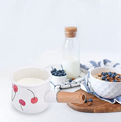Enamel Milk Pot, Small Saucepan Butter Warmer Pot | 4 Inch 17 Oz with Wooden Handle for Heating Smaller Liquid Portions ,Handy for One Person - color: Cherry