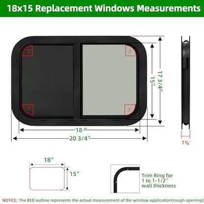 18"W x 15"H RV Windows for Cargo Trailer Camper,Tinted Horizontal Sliding - size: 18"W x 15"H