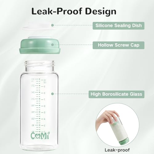 COMI Wide Neck Glass Breastmilk Collection n Storage Bottle, 2 Packs,10oz with Screw Ring Sealing Disk,Re-markable Sealing Disc,BPA Free,Fits Breast Pumps&Nipples(2 Green Lids) - style: 300ml 2Green