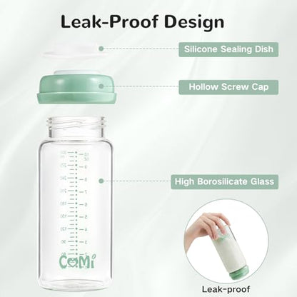 COMI Wide Neck Glass Breastmilk Collection n Storage Bottle, 2 Packs,10oz with Screw Ring Sealing Disk,Re-markable Sealing Disc,BPA Free,Fits Breast Pumps&Nipples(2 Green Lids) - style: 300ml 2Green