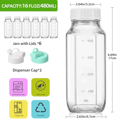 CUCUMI 6 Pack 16 Oz Glass Milk Bottles with Lids - color: 6pcs, size: 16oz