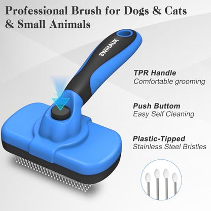 Swihauk Self Cleaning Slicker Brush - Skin Friendly Deshedding Grooming Tool for Dogs & Cats, Suitable for Shedding & Haired Pets, with Pet Supplies Accessories, Blue - color: Blue